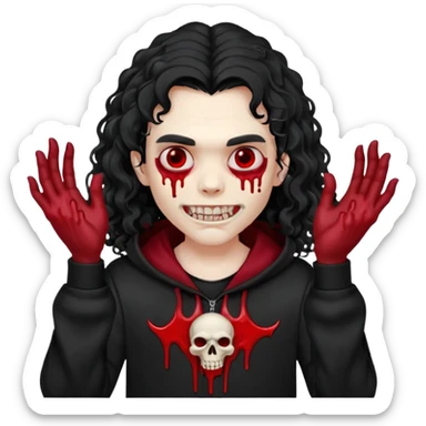 Vampire wearing a black hoodie with a skull logo on it, long curly hair that covers the forehead, fanged teeth and blood on hands sticker