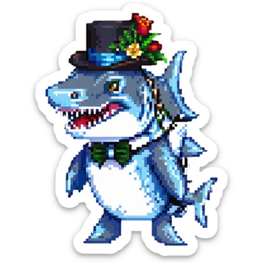 pixel art shark with monocle and tophat sticker