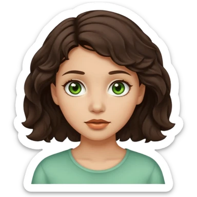 A girl with light skin, short dark brown wavy hair and brown with a little green eyes sticker