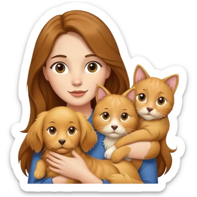 Woman with long brown hair holding a golden retriever dog and three cats sticker