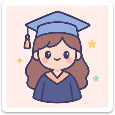 girl with long brown hair smiling wearing graduation hat and robe, cute cartoon style sticker