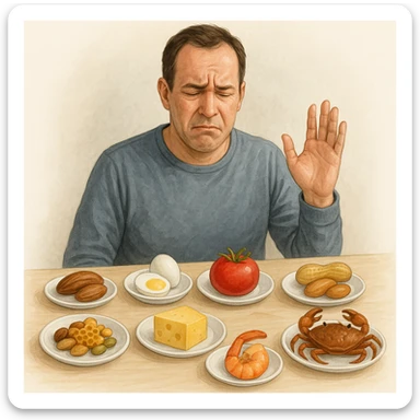 A 40-year-old man suffering from food intolerances, inspired by the reference image, sitting at a table with plates of forbidden foods in front of him, showing a discomforted expression. Realistic or illustrative style with a light background. sticker