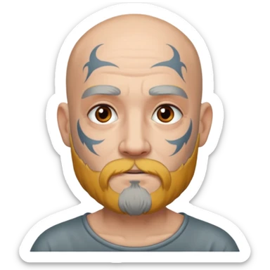 bald grey bearded man with face tattoo sticker