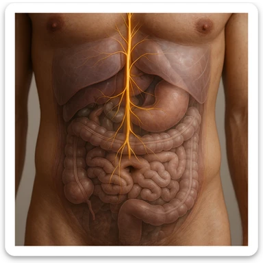 realistic 4K close-up image of human abdomen with vagus nerve highlighted, anatomical details, visible vagus nerve path, transparency on internal organs, natural colors, neutral background sticker