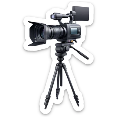 Create an emoji for video recording. Show a  single lens professional video camera with screen and image on it, on heavy tripod. Use modern, professional colors. Do not include any emojis or smiley faces. Make the background transparent. sticker