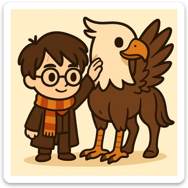 Full body cute, cartoon, simplified style illustration of Harry Potter petting a hippogriff beside him. Harry has round glasses, a lightning scar on his forehead, dark brown hair, a striped scarf, and Hogwarts robe, without a wand. The hippogriff is larger than Harry, with a horse body, eagle head and wings, with proportional and clearly visible wings. The illustration has bold black lines and soft colors, in a cute cartoon style. sticker