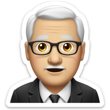 Chubby man of about 60 years with grey hair and a bald shin. Small round glasses, dark eyes and a double chin. Chubby pointed nose. He wears a black suit with waistcoat, jacket and tie. sticker