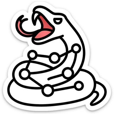 Create a white snake in a modern icon style closely matching the reference image's style and pose. The snake's body should form interconnected loops and nodes, representing a network. Maintain the clean and minimalistic look of the original icon style. sticker