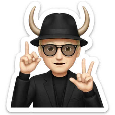 man dressed in black with dark glasses and a black hat making the horns gesture with both hands sticker