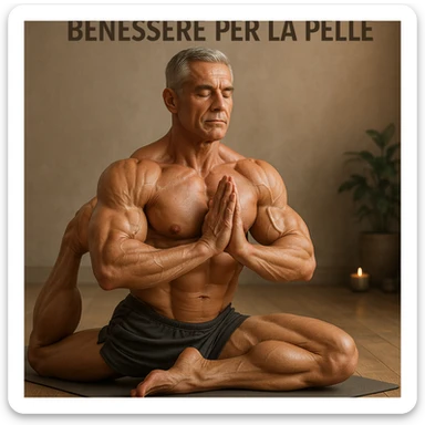 bodybuilder practicing yoga to keep skin young, hyper realistic style, sculpted muscles, yoga pose, text 'Benessere per la pelle', zen atmosphere, realistic details sticker