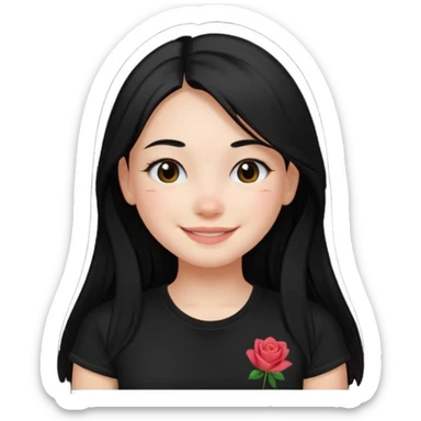 a pretty bratz fair girl with straight long black hair, wearing a black tshirt, smiling sticker