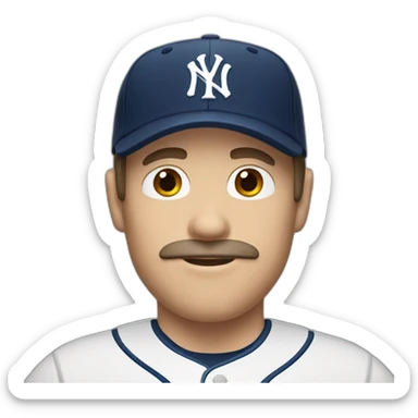 white man with longish brown hair and ny baseball cap and mustache sticker