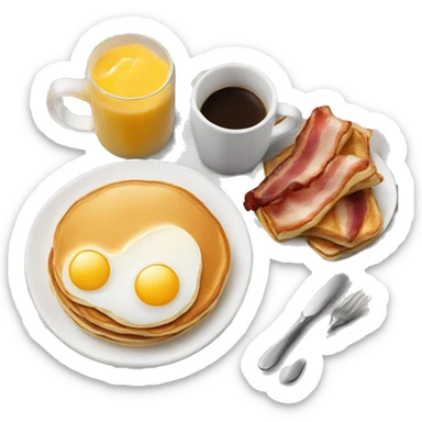 hot coffee and a big breakfast with pancakes bacon eggs and fruit sticker