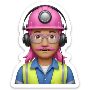 construction worker with long pink hair and ppe headphones and mustache sticker