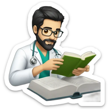 young spanish surgeon with black hair, black beard and stethoscope,reading a book sticker