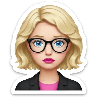 Blonde woman with short wavy hair, blue eyes and pink lips wearing black glasses being sick sticker