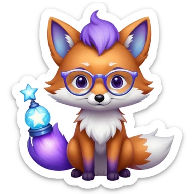 Heart eyes 😍 — a small magical fox with shimmering purple and blue fur, a glowing fluffy tail, a silver star on its forehead, round glasses, and a tiny lantern. sticker