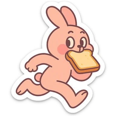 peach bunny running with toast in mouth, pastel-toon style sticker