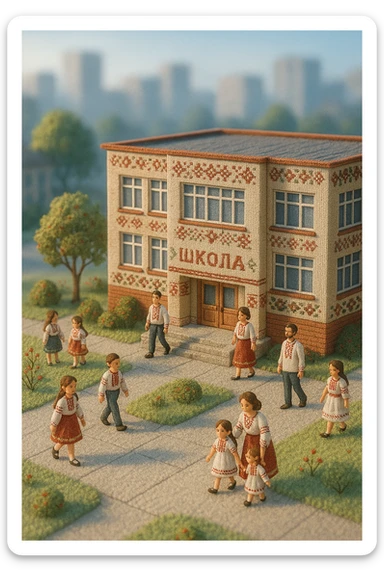 Tilt-shift 3D diorama of a modern Ukrainian school, embroidery-inspired style, with students and teachers. Cool morning lighting, dreamy calm atmosphere, blurred cityscape in the background. sticker