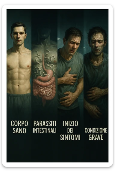 Illustrazione verticale realistica e cinematografica in italiano che mostra la progressione della malattia causata dai parassiti intestinali in più fasi. Da sinistra a destra: corpo umano sano, comparsa graduale di parassiti nell'intestino, sintomi iniziali di malessere, fino a uno stato di salute gravemente compromesso. Atmosfera clinica, luci drammatiche, didascalie in italiano, formato 2:3. sticker