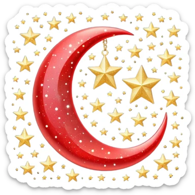 Beautiful sparkly glittery shiny pretty red crescent and stars scenery sticker