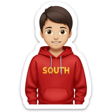 make me an emoji of an americain 15 yearold boy in a red hoodie that says "south" on it and give him with tan skin with his hands in his pockets with the sleevs pulled up grining with a jaw line sticker