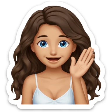 Girl with olive skin, blue eyes, brown dark insanely wavy long hair, white camisole, giggling with hand over face sticker