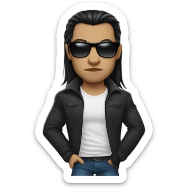 Vampire male, with long black hair, masculine face, fine lips, serious face expression, black sunglasses, lather jacket, underneath black t-shirt, strong muscular body sticker