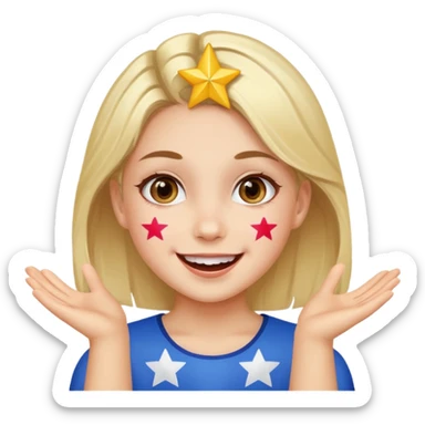 A girl with star-shaped cheek paint, cheering with bright eyes. sticker