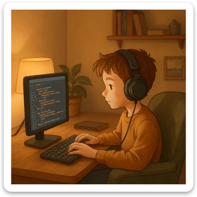 a boy wearing headphones, coding at a computer in a cozy room, soft lights, comfortable chair, cozy and relaxed atmosphere sticker