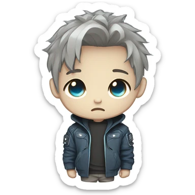 logo illustrated boy skull BORED, chibi anime style, head and shoulders only, light brown eyes, short gray hair, cyberpunk jacket with blue colors, flashing background. sticker
