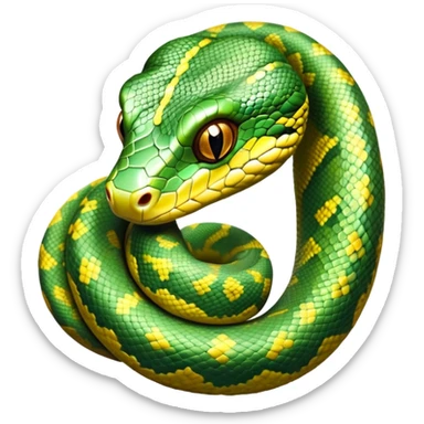 cinematic-green tree python-realistic-full-body-coiled-emoji,-thick-scaled-body-looped-tightly,-intricate-brown-and-gold-patterned-scales-reflecting-light,-head-tilted-dramatically,-slitted-eyes-staring-calmly,-simplified-yet-realistic-focused-feature sticker