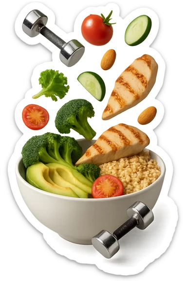 bowl bianca con cibo sano che cade dall'alto insieme a piccoli manubri da palestra in 3d, iperrealistica 4k sticker