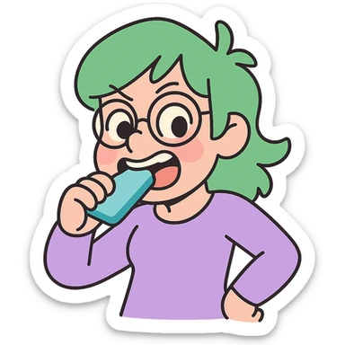 Seele with green hair and glasses biting, pastel toon style sticker