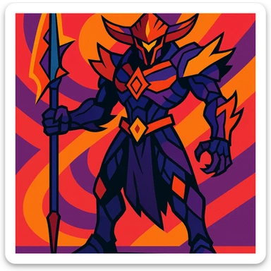 Rhulk from Destiny, standing with glaive weapon, imposing stance, vibrant colors sticker