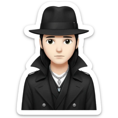 Male Goth with Fedora
 Sleek long hair, white skin, black trench coat, silver necklace visible under coat sticker