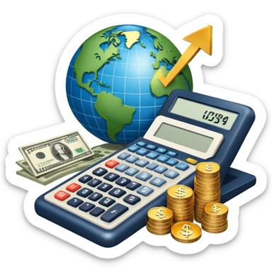 An icon featuring a calculator, a dollar sign, and a chart with upward trends, symbolizing economics. The design includes coins, bills, and a globe, representing global trade and financial systems. Transparent background highlights the study of markets, supply, and demand. sticker