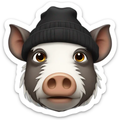 Sad boar with stubble in a black winter hat sticker