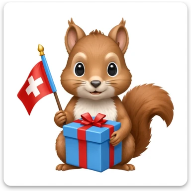 a squirrel holding a blue gift box in one hand and a red Swiss flag in the other, both objects clearly visible, simple white background, the gift is a different color from the flag sticker