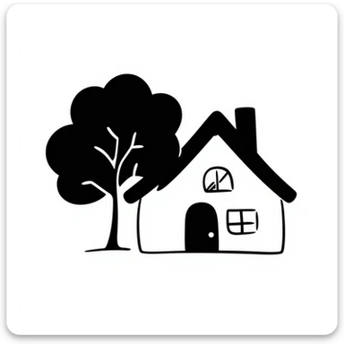 a home with a tree, hand-drawn black outline doodle style sticker