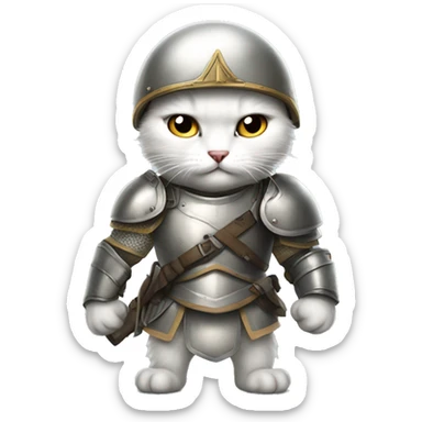 angry little white cute cat wearing armor and soldier at sticker
