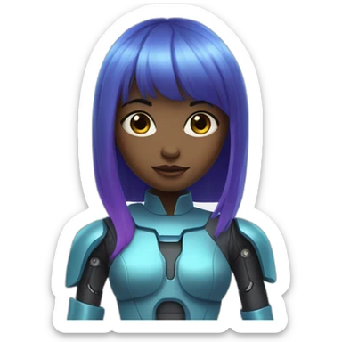 A girl with blue hair. She has dark skin. Her hair is very long and straight. Plus she has bangs. She has purple eyes. She has a robotic arm. She's wearing a sci-fi suit. sticker