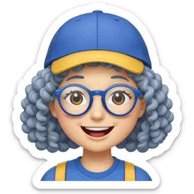 female yellow smiley face emoji, big smile, winking, wearing a blue ballcap backwards, grey curly hair, glasses, no eye color, head only, yellow, simple style, no ornament on hat sticker