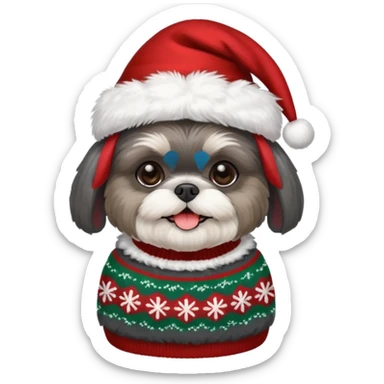 dark grey shih tzu christmas sweater and hat sticker