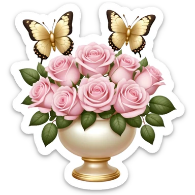 Realistic aesthetic bouquet of light pink roses in a pearl vase and a ivory bow with gold decoration and a butterfly with gold and beige wings sticker
