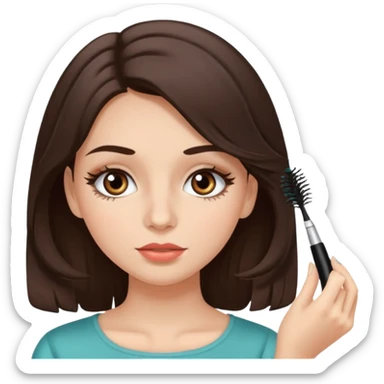 Garota branca de cabelos levemente ondulados castanhos escuros médio aplicando máscara de cílios sticker