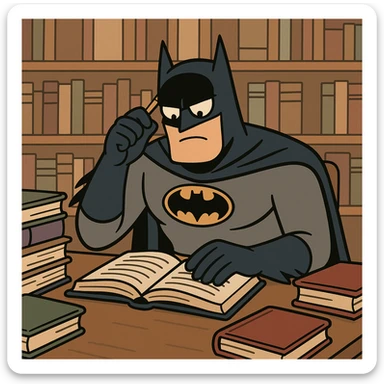 Batman studying in a library, surrounded by books, cartoon style sticker
