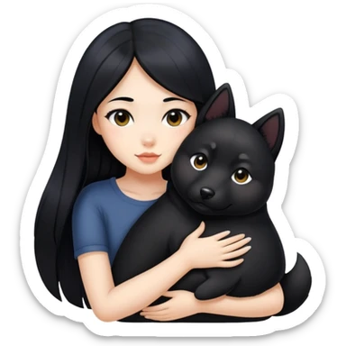 A beautiful girl with long black hair hugs a Black Shiba Lnu sticker