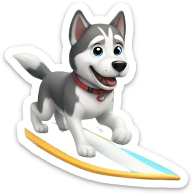 husky dog surfing sticker