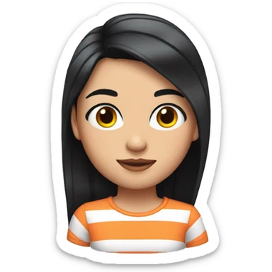 girl with long black hair wearing a striped t-shirt and an eyebrow with a shaved line sticker